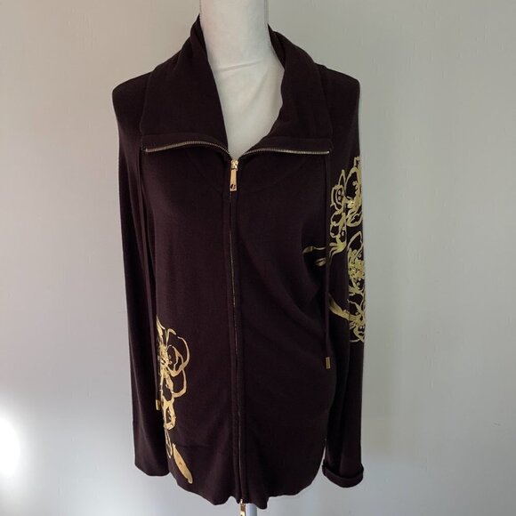 Cache Jacket Large L Womens Vintage Floral Knit Zipper Front Brown Gold Metallic - Picture 8 of 14